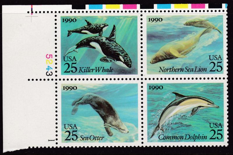 United States 1990 Sea Creatures Dolphin Whale Otter Plate Number Block VF/NH