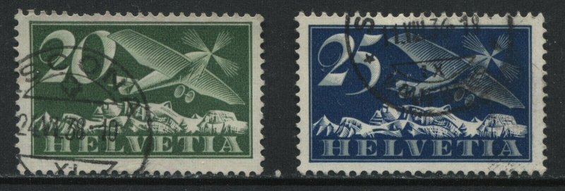 Switzerland 1933 20 and 25 centimes Airmails with grilled gum used