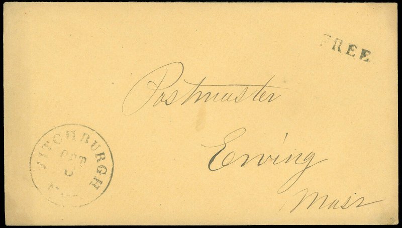 1860c Stampless FITCHBURGH, (MISSPELLED) MA CDS to ERVING, MA POSTMASTER, FREE 