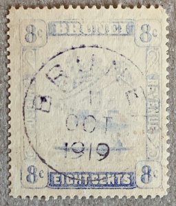 Brunei 1916 8c ultramarine, used with full date cds. Scott 26, CV $32.50.  SG 50