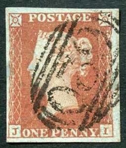 1841 Penny Red (JI) Four Margins Blue Cancel (bend)