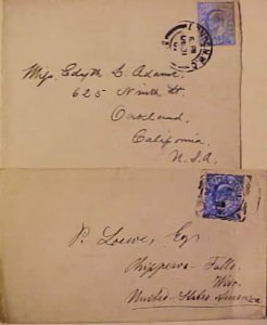 GREAT BRITAIN 1903,1904 2 DIFF 2 1/2D COLORS ON COVERS TO USA MAIDHUL CAT EURO