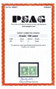 MOstamps - US #383 Used Pair Grade 100 with PSAG cert - Lot # MO-4904 SMQ $500