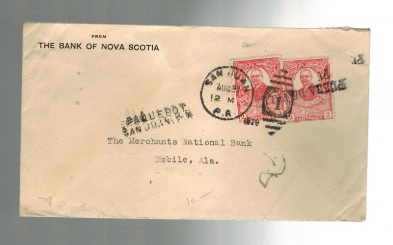 1928 San Juan Puerto Rico Paqueboat Cover Domincan Republic Bank of Nova scotia