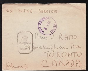 Circa 1943 War mail, censored cover, India to Canada. Interesting piece. F/VF