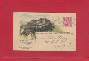 Chateau Frontenac CPR hotel post card 1 cent Edward to USA, Canada 1907