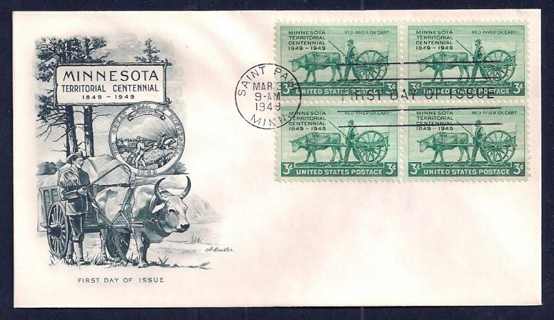 UNITED STATES FDC 3¢ Minnesota Centennial BLK 1949 Artmaster