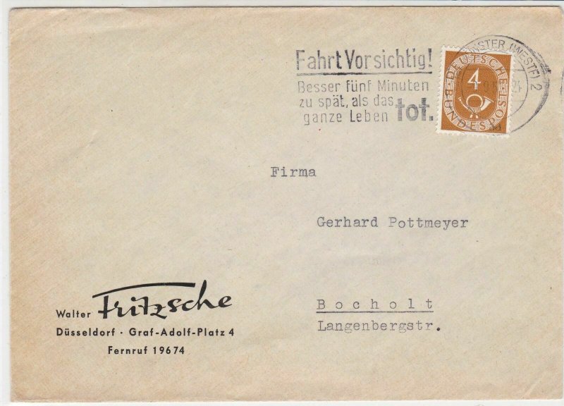 Germany 1953 Drive Carefully Slogan Posthorn Stamps Cover to Bocholt Ref 32316