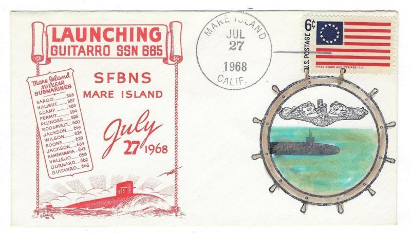 1968 Guitarro SSN Cover - Launching - Hand Painted Cachet - Unknown Artist (Y80)