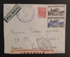 1940s Tunisia Censored Airmail Posted at Sea Cover to Casablanca Morocco WW2