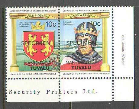 TUVALU NANUMAGA Sc# 23a MNH FVF PAIR Specimen OVPT Coat Arms