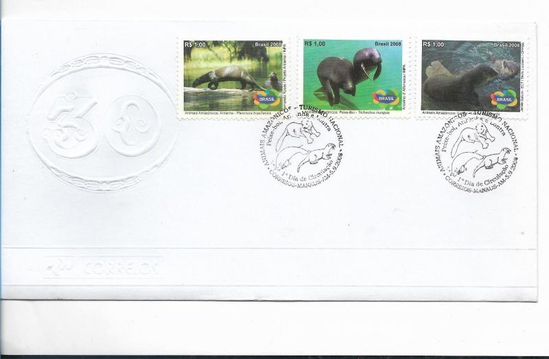 BRAZIL 2008, FDC, AMAZONIA, ANIMALS, MARINE FAUNA 3 VALUES SCOTT 3057-59