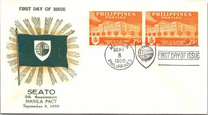 Philippines FDC 1959 - SEATO 5th Anniversary - 2x25c Stamp - Pair - F43384