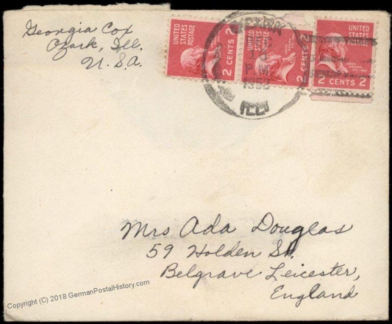 USA 2c Prexie Ozark Ill 4-Bar England Transatlantic Cover 80747