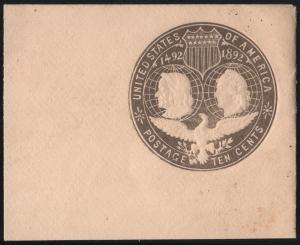 SC#U351 10¢ Columbus & Liberty Cut Square: Full Corner (1893) Unused