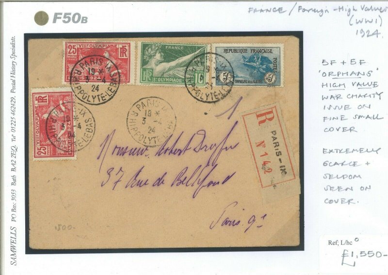 FRANCE Cover HIGH VALUES CHARITY *WAR ORPHANS* 5F SCARCE Paris Reg'd 1924 F50b