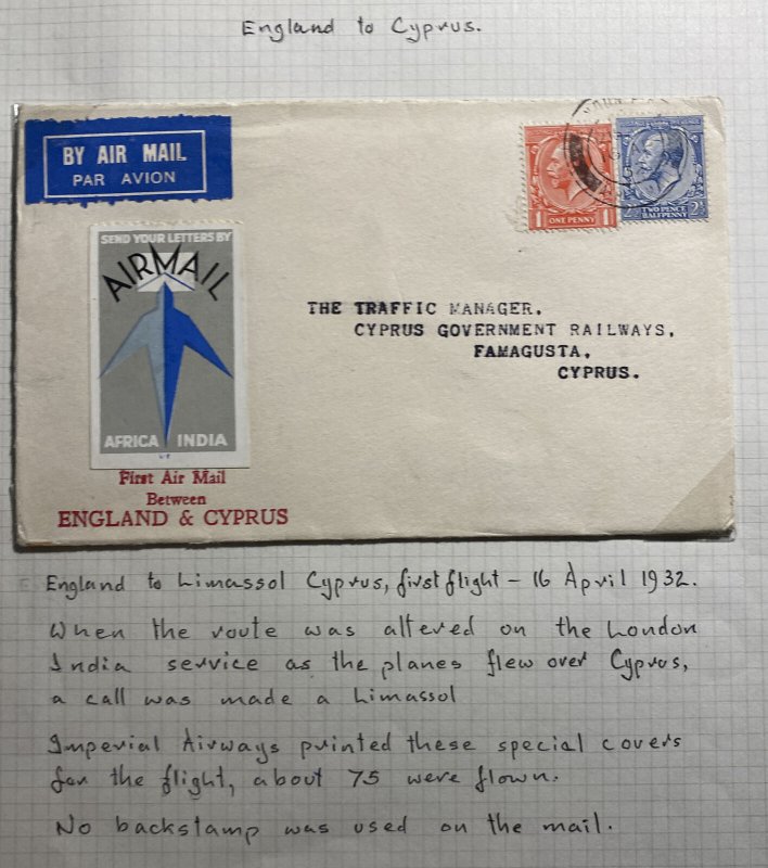 1932 London England airmail First Flight Cover FFC To Famagusta Cyprus 75 Flown 