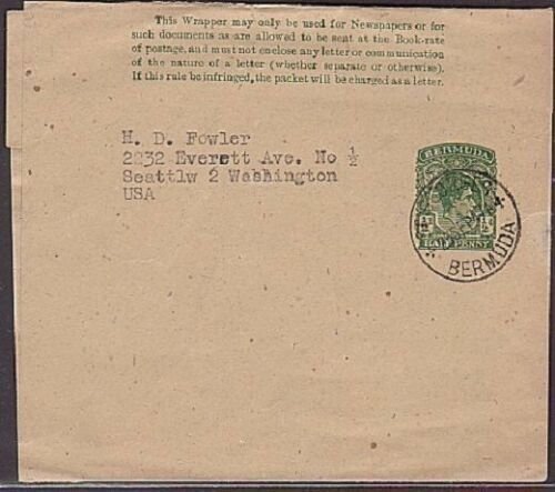 BERMUDA GVI ½d newspaper wrapper used St Georges 1947............35388