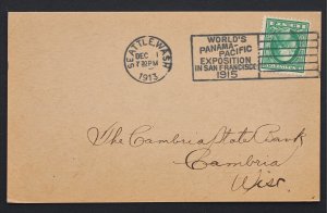 US #405 World's Panama Pacific Expo Slogan Cancel Dec 1, 1913 Clean Stamp