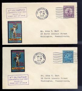 UNITED STATES FDCs (2) Sc#718-719 Olympics 1932 Adam Bert