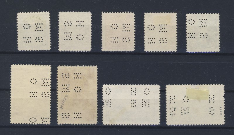 9x Canada Perf-in OHMS Used stamps;  George VI 1cto5c 10c-13c-50c GV = $35.50