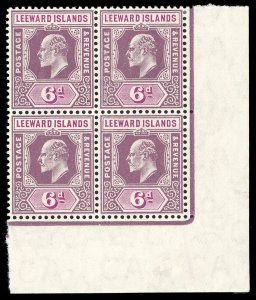 Leeward Islands 1907 KEVII 6d dull & bright purple block MNH. SG 42. Sc 36.