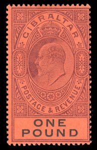 Gibraltar 1903 KEVII £1 dull purple & black/red MLH. SG 55. Sc 48.