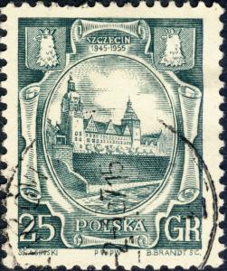 POLOGNE / POLAND 1955 Mi942A 25gr Former Gvt building, Chrobry Wall Szczecin VFU