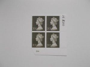 1970 20p Machin High Value in Plate Block of 4 (Plate 64A) on Contractor's Paper