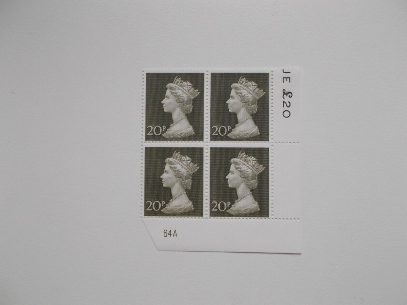 1970 20p Machin High Value in Plate Block of 4 (Plate 64A) on Contractor's Paper