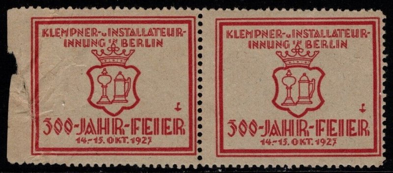 1927 German Cinderella Plumber Installer Guild in Berlin October 14-15 Pair MNH