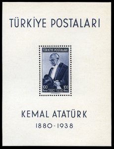 Turkey #841 Cat$70, 1939 Ataturk, 100k souvenir sheet, never hinged, pencil n...