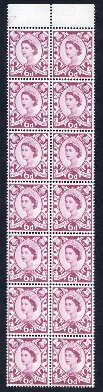 Scotland XS16b 6d Purple Crowns Wmk Cream Paper Block 14 with Curled Leaf Flaw 