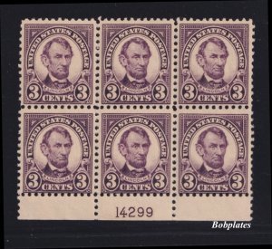 BOBPLATES #555 Lincoln Bottom Plate Block of 6 14299 F-VF NH SCV=$425