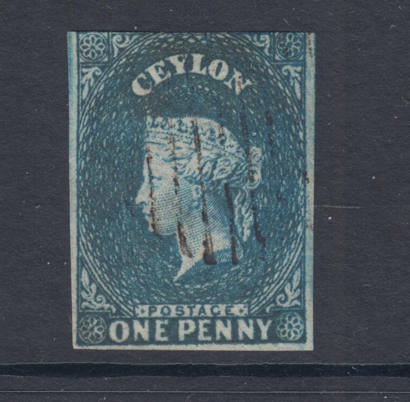 Ceylon SG 2, Sc 3 used. 1857 1p deep turquoise blue imperf QV on white paper