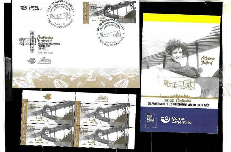 #10004 ARGENTINA 2021 AVIATION 1stWOMEN PILOT CROSSING ANDES BLOCx4+FDC+BROCHURE