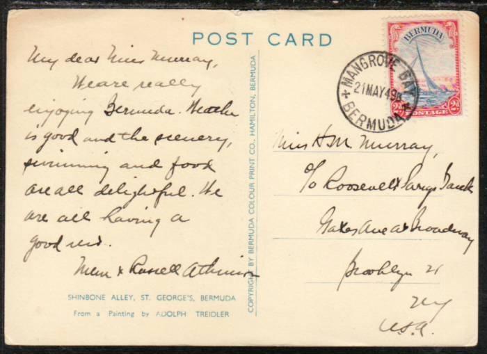 Bermuda to Brooklyn,NY 1949 Post Card