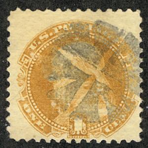 US #112 SCV $130. 1c Franklin, VF used, fancy cork cancel, nicely centered, C...