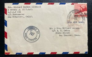 1942 Ft Kamehameha US Navy Post Office Airmail Cover To Hanover MA USA