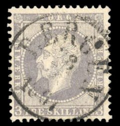 Norway #3 Cat$50, 1857 3s lilac, Bergen cancel