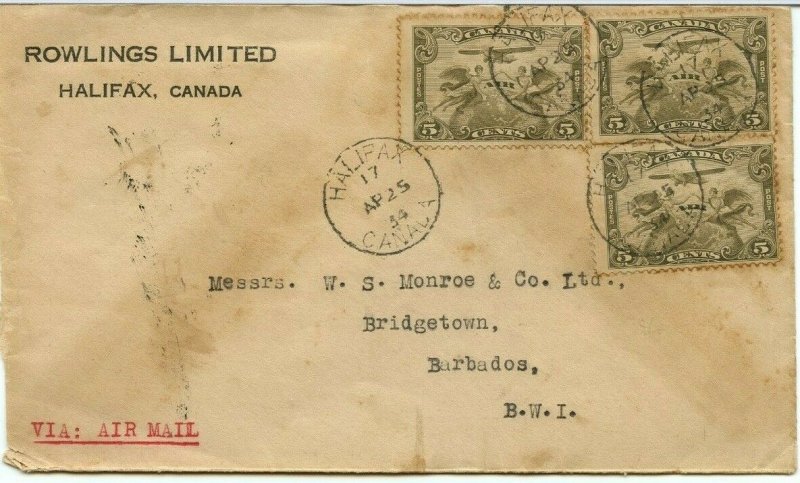 15c w 3x5c airmail for 1/2 oz 1934 to BARBADOS BWI w/receiver Canada cover