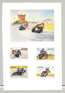 Grenada #1256-1260 Motorcycles 4v & 1v S/S Imperf Proofs on Card