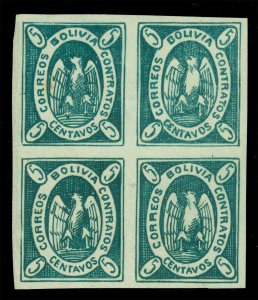 BOLIVIA 1867 CONDOR 5c  green Sc # 2 mint MH XF BLOCK of 4 showing various types