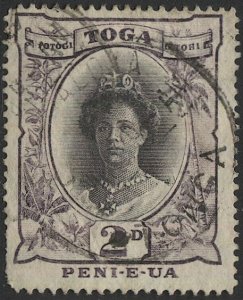 TONGA 1924 Sc 56 Used  VF 2d Die I, Queen Salote, light cancel