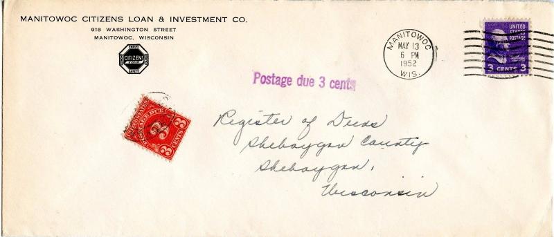 U.S. Scott 807 Prexie/Prexy On Postage Due 1952 Wisconsin Cover