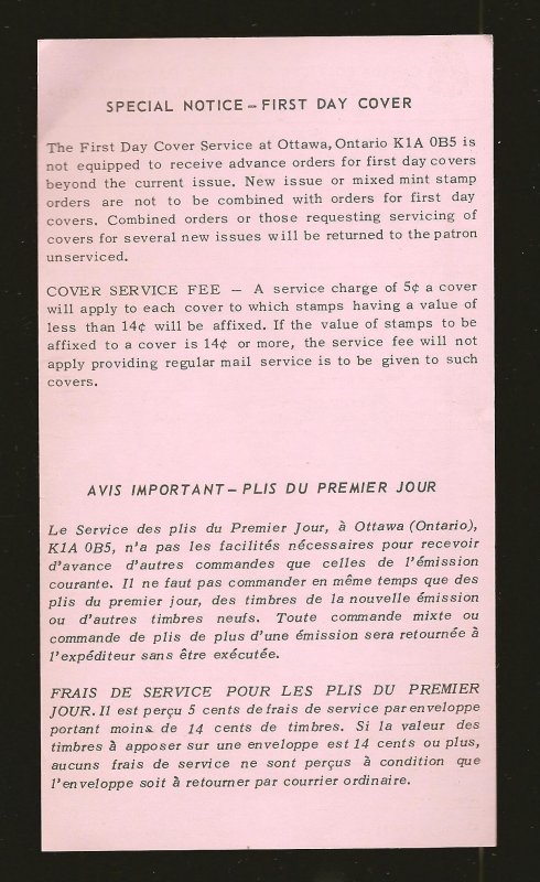 Canada Post Office 1971 First Day Cover Order Slip Unused