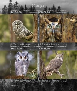 St Thomas - 2019 Owls on Stamps - 4 Stamp Sheet - ST190207a