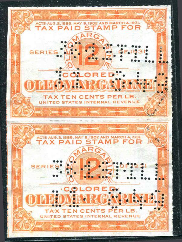 Colored Oleo Pair - 10¢ Lb / 12 Pounds - Series 1931 Perfin 11-8-49  Very Fine