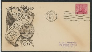 US 736 1934 3c Maryland Tercentenary on addressed FDC with a Grimsland cachet