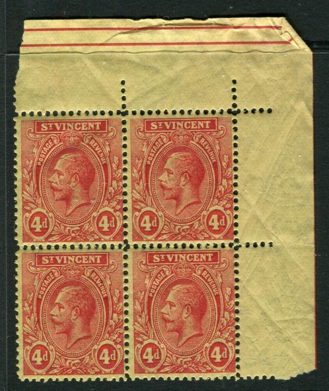 ST. VINCENT; 1921 early GV issue fine Mint hinged 4d. Corner Block of 4